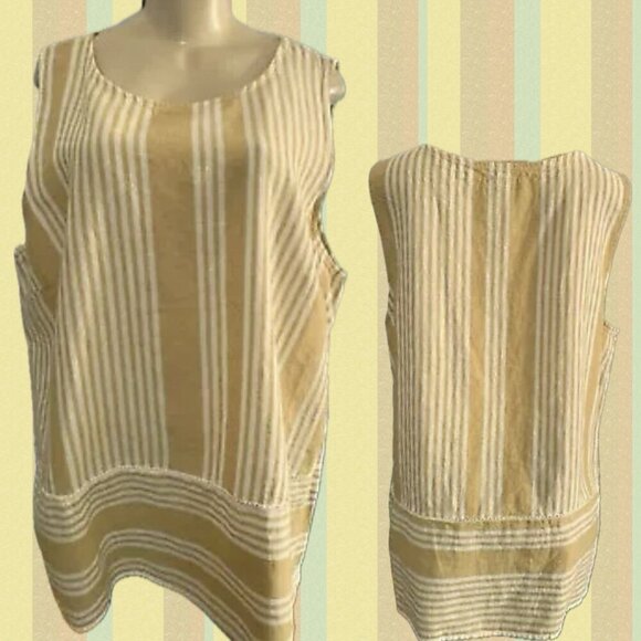 For Cynthia +1X Camel Vertical Striped Scoop Neck Linen Blend Sleeveless Blouse - Picture 1 of 6